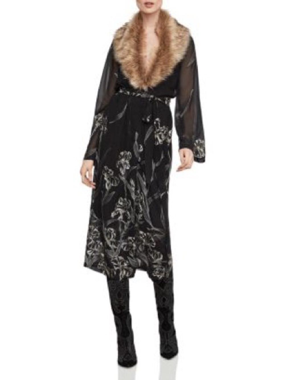 BCBGMaxAzria Black Floral Maxi Dress with Faux Fur Collar